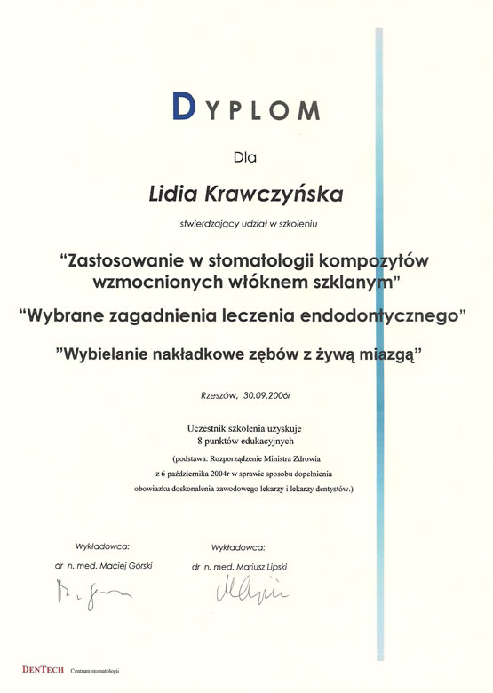Ceryfikat lek. stom. Lidia Krawczyńska