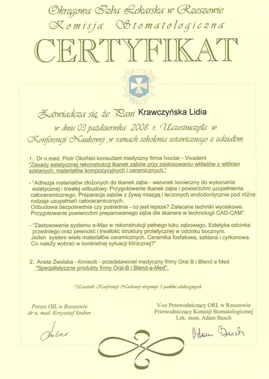 Ceryfikat lek. stom. Lidia Krawczyńska