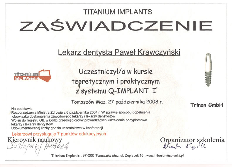 Ceryfikat lek. stom. Paweł Krawczyński