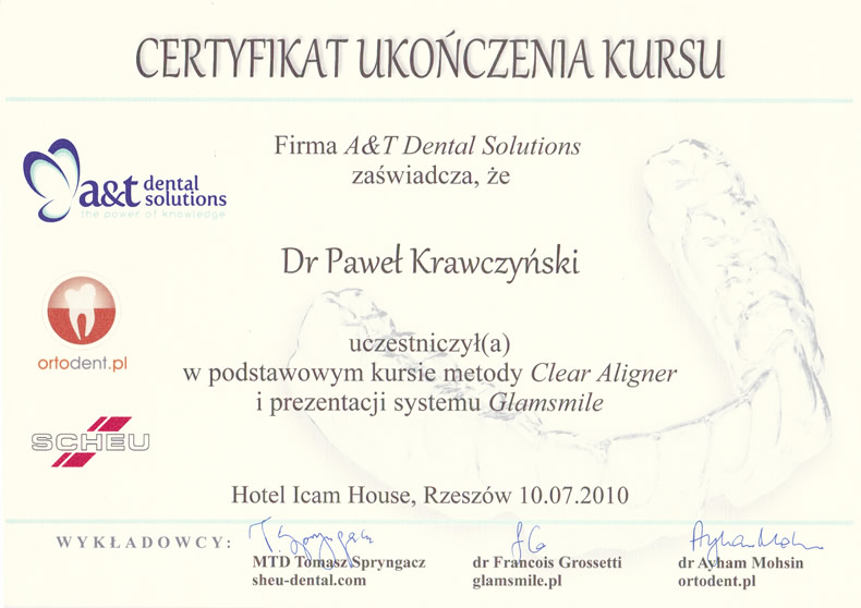 Ceryfikat lek. stom. Paweł Krawczyński